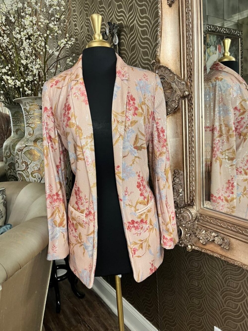 Vince Camuto sequined Peach Bellini" floral pattern jacket
